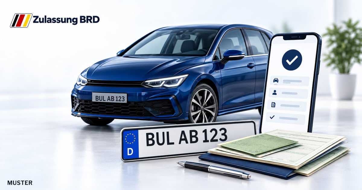 Online Fahrzeugzulassung in Oberviechtach: Musterkennzeichen BUL AB 123, Auto und Fahrzeugpapiere und Smartphone. Illustration mit Logo von Zulassung BRD.